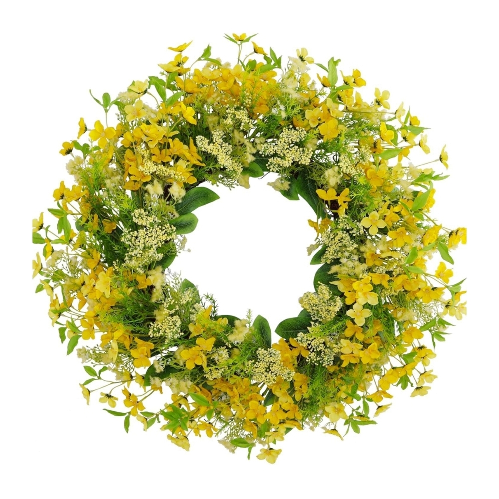 NWT 24" Faux Silk Flower Rattan Wreath In Yellow Flowers & Lush Greens